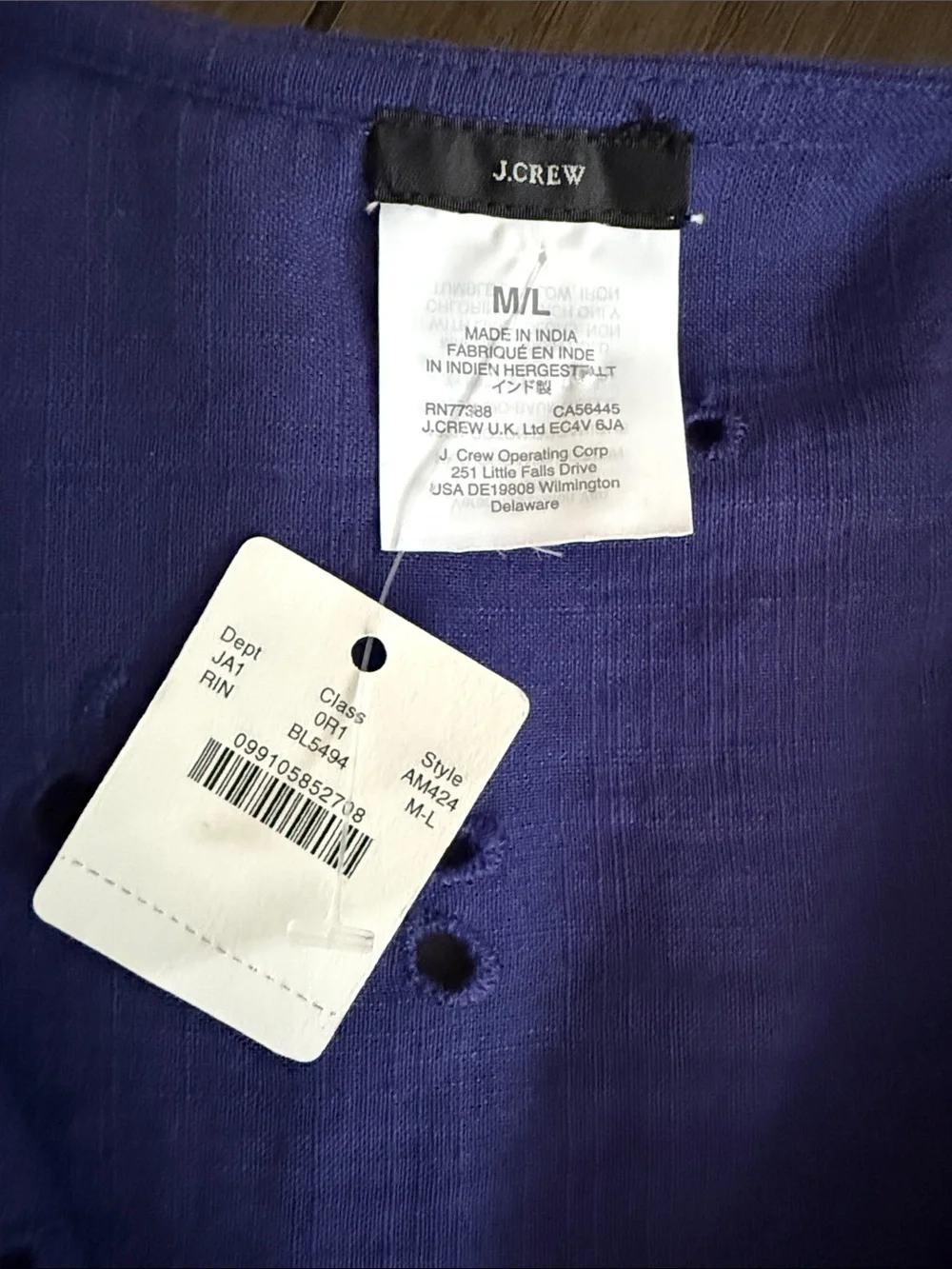 J. Crew Blue Purple 100% Organic Cotton Eyelet Open Front Coverup size M/L